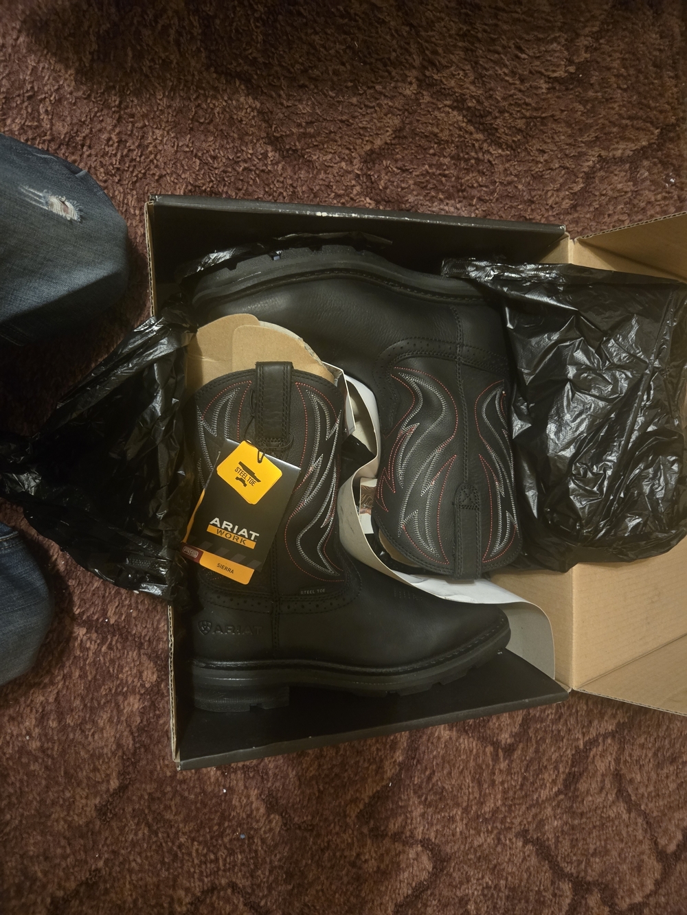 Ariat Sierra Black Western Work Boots with Red Stitching